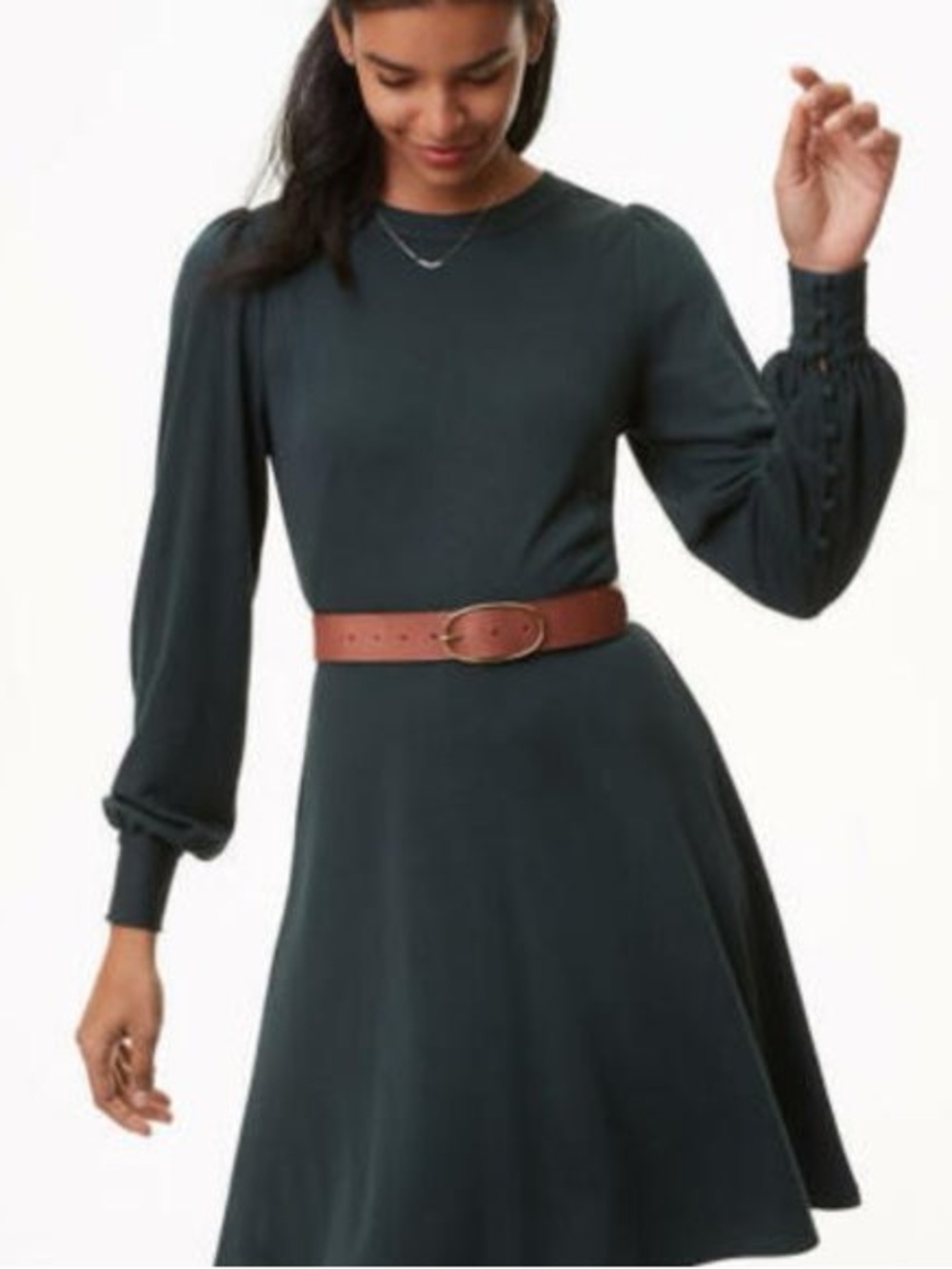LOFT Long-Sleeve A-Line Dress in Dark Green